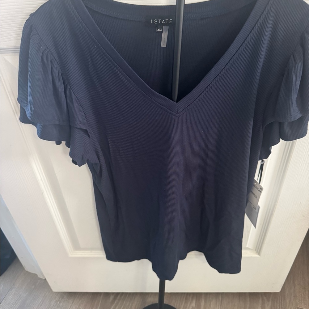 1 STATE Women's Dark Blue V-Neck Short Sleeve Top